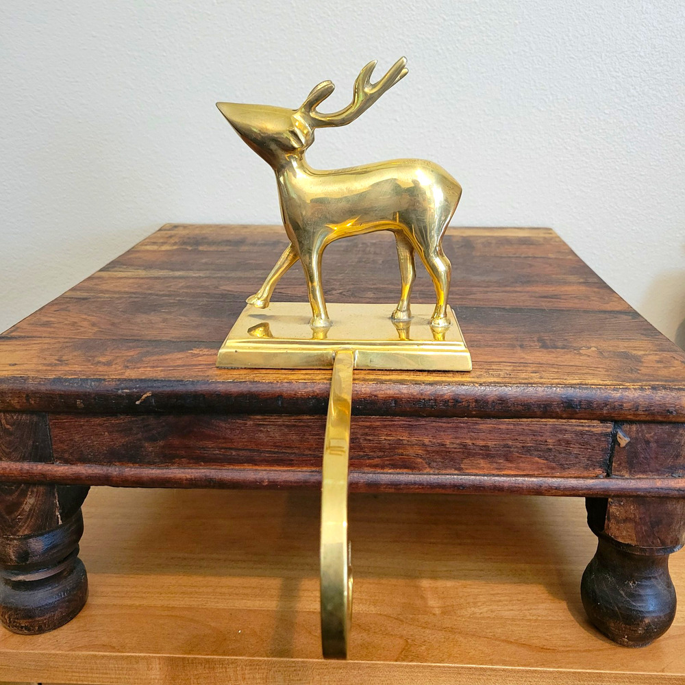 Vintage Brass Reindeer Stocking Holder Hanger Long Arm Made in India Heavy 5.75"